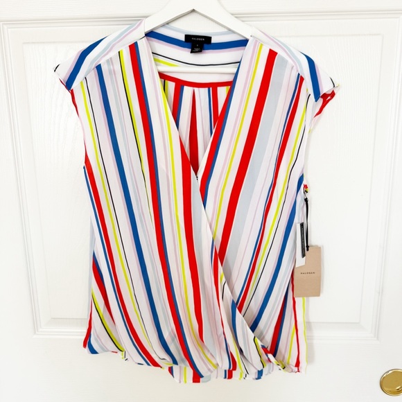 NEW Halogen Surplice Blouson Top - White Multi Colors Fun Stripe Size SMALL - Picture 2 of 7